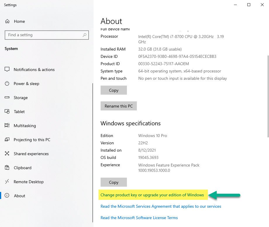 Windows 10 About Panel