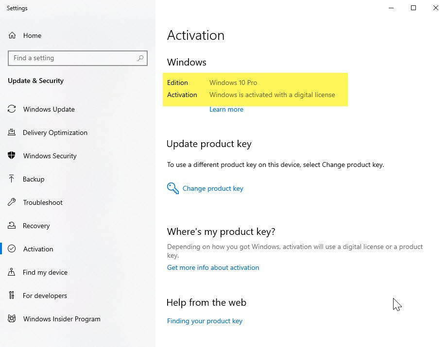 Windows 10 Activation from Control Panel