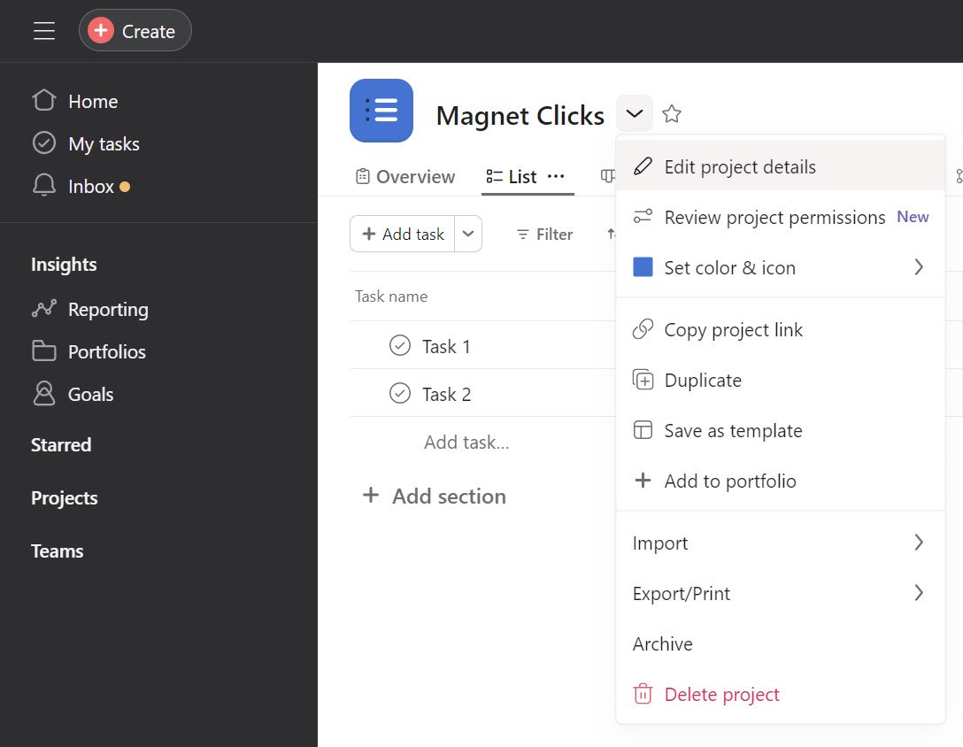 Project Settings Dropdown