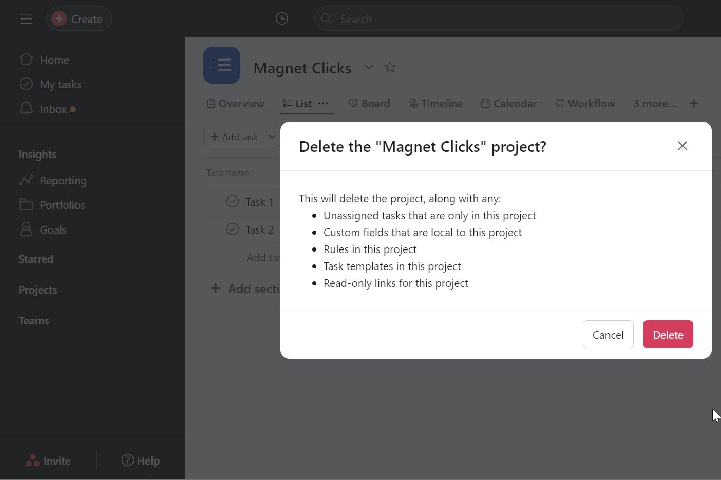Confirm Delete Project in Asana