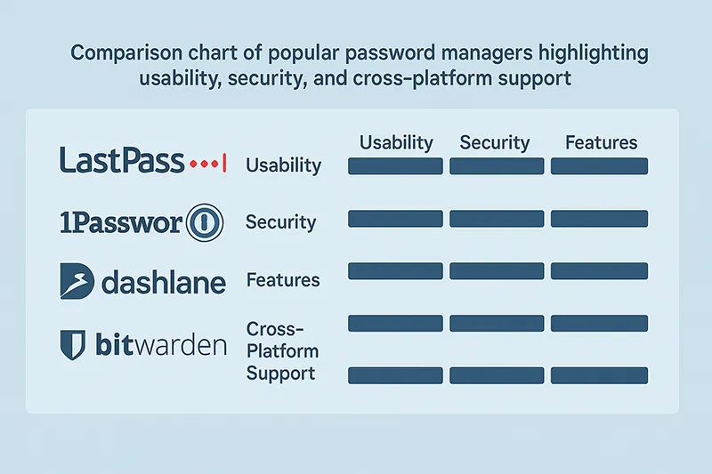 Comparison chart of popular password managers highlighting usability, security, and cross-platform support