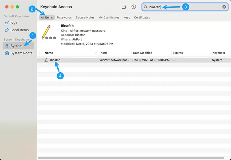 keychain access locate wifi name