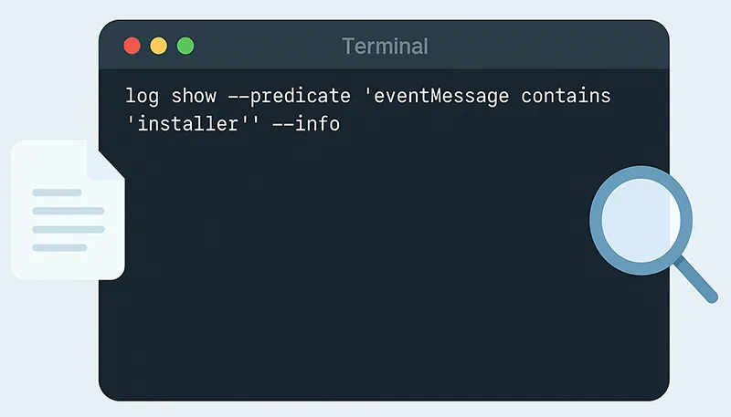 macOS Terminal showing installer log command