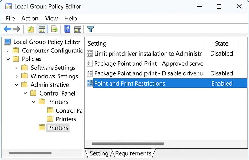 Windows Group Policy Point and Print restrictions configuration