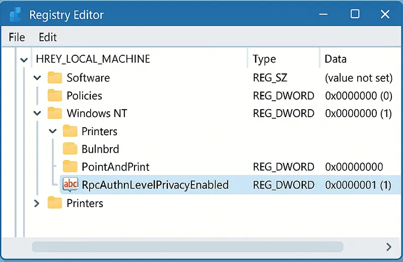 Windows Registry Editor RpcAuthnLevelPrivacyEnabled setting for printer fix