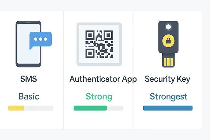 Comparison of 2FA methods: SMS, authenticator apps, hardware keys.