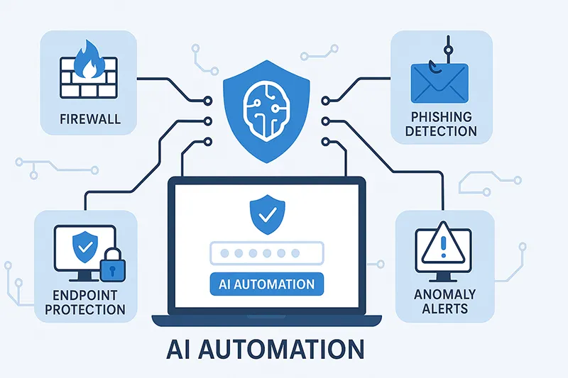 AI automation in cybersecurity showing firewall, endpoint, and phishing protection