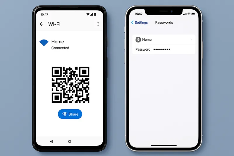 Recovering WiFi password on Android and iOS with QR code and settings.