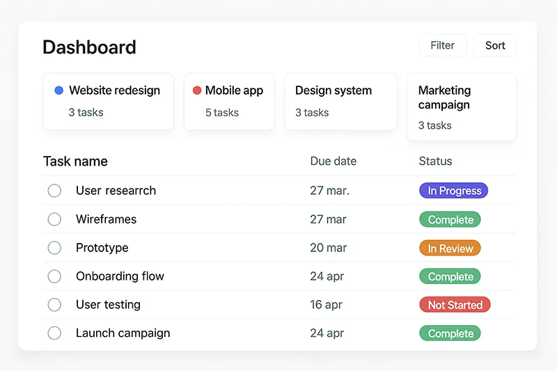 Asana dashboard with projects and tasks overview