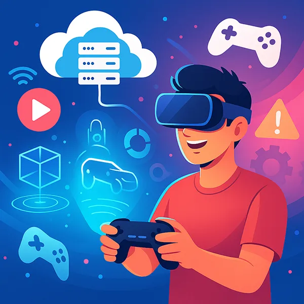 Illustration of VR and gaming connected to cloud servers