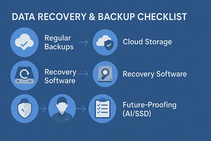 Data recovery and backup checklist infographic with prevention and recovery steps