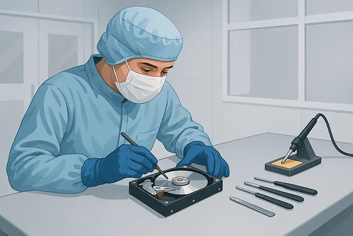 Technician working in a professional data recovery lab on a damaged hard drive
