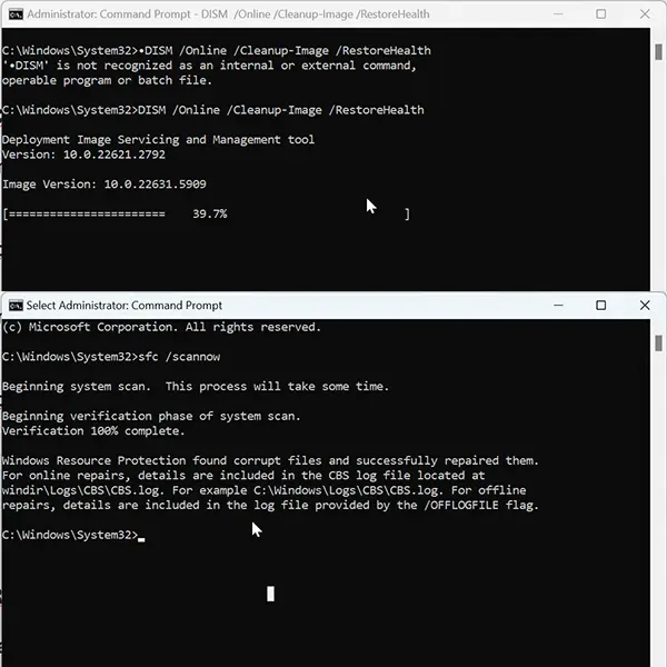 Command Prompt running DISM and SFC repair commands
