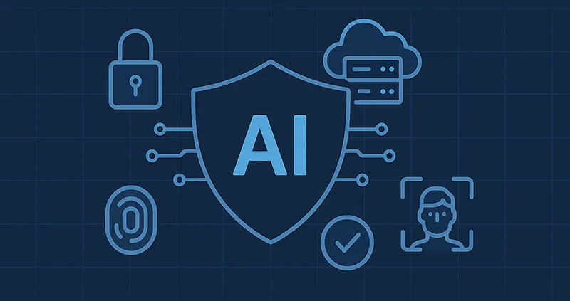 Futuristic AI shield protecting cloud data and biometric authentication