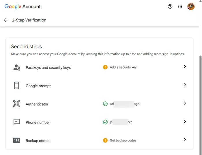 Google Account 2-Step Verification setup screen.