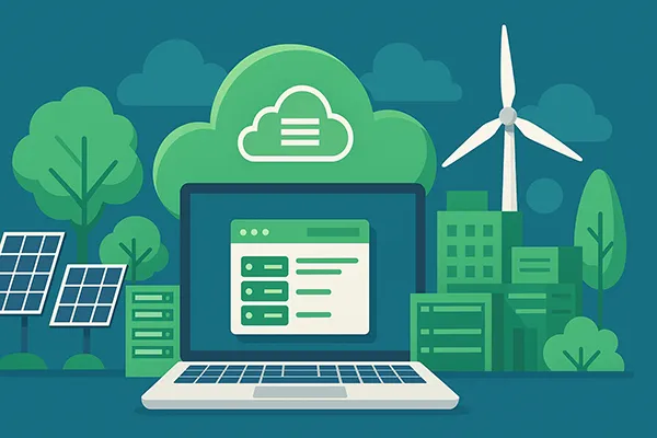 Illustration of eco-friendly cloud computing with renewable energy sources