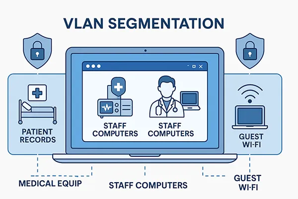 Healthcare VLAN segmentation showing isolated patient records, staff computers, and guest Wi-Fi