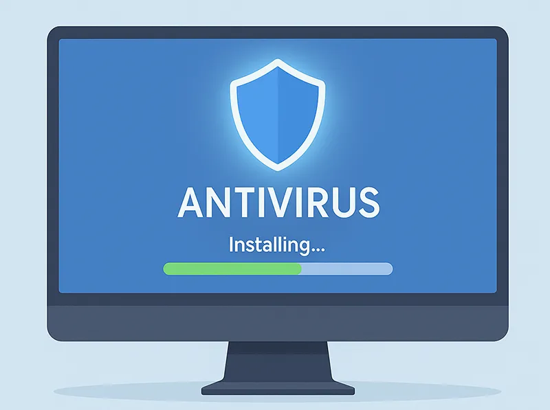 Computer installing antivirus software for malware protection.
