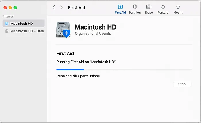 Disk Utility First Aid running on Macintosh HD