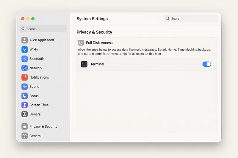 System settings showing Full Disk Access for Terminal in macOS