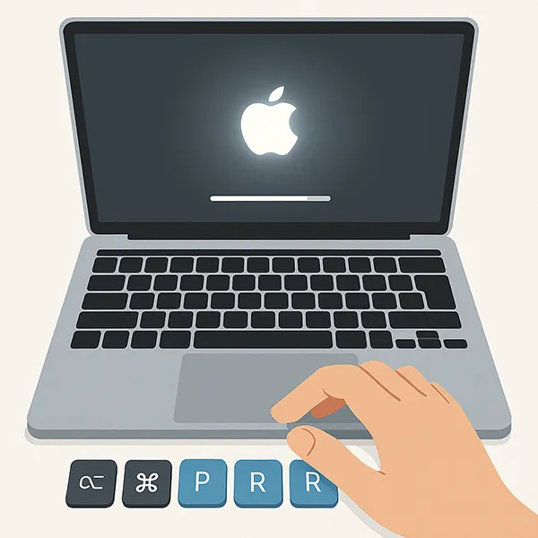 NVRAM reset keys Option Command P R highlighted on a Mac keyboard