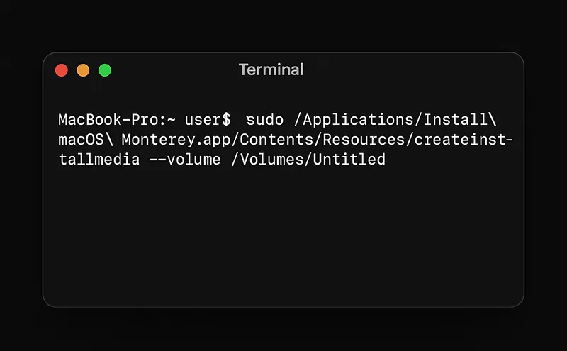Terminal command createinstallmedia in macOS with USB volume