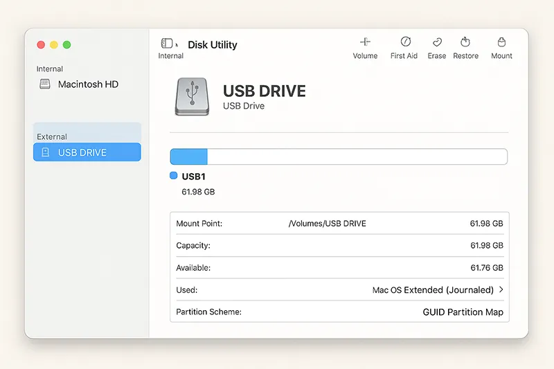 Disk Utility showing USB formatted as Mac OS Extended (Journaled) with GUID Partition Map
