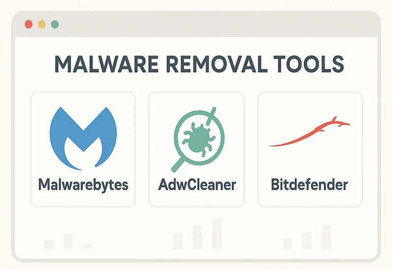 Popular malware removal tools like Malwarebytes and AdwCleaner.