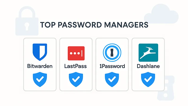 Infographic showing top password manager tools like Bitwarden, 1Password, LastPass, and Dashlane