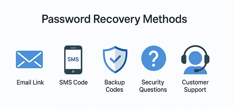 Infographic showing different password recovery methods like email, SMS, and backup codes