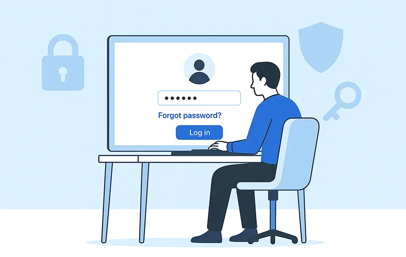 Illustration of password reset process with login form and reset button