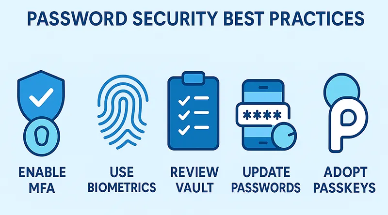Infographic of password security best practices including MFA, biometrics, vault review, and passkeys