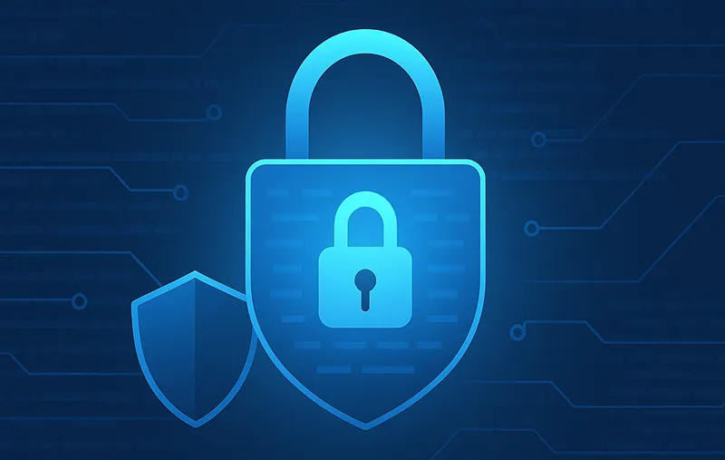 Password security concept illustration showing lock and digital shield