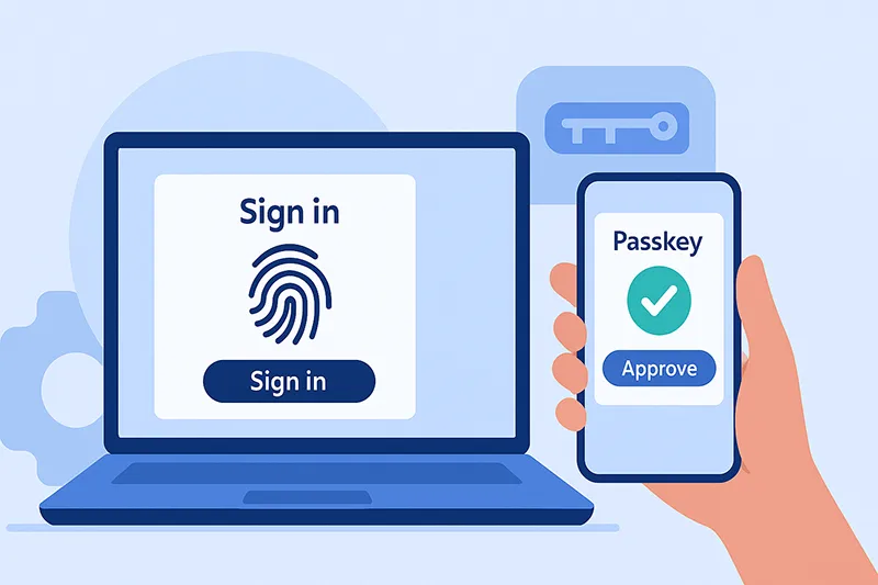Illustration of passwordless authentication using biometrics and passkeys