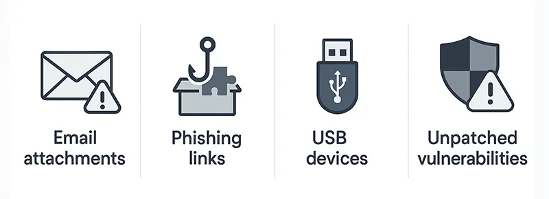 Diagram showing RAT infection methods: phishing, USB, software exploits