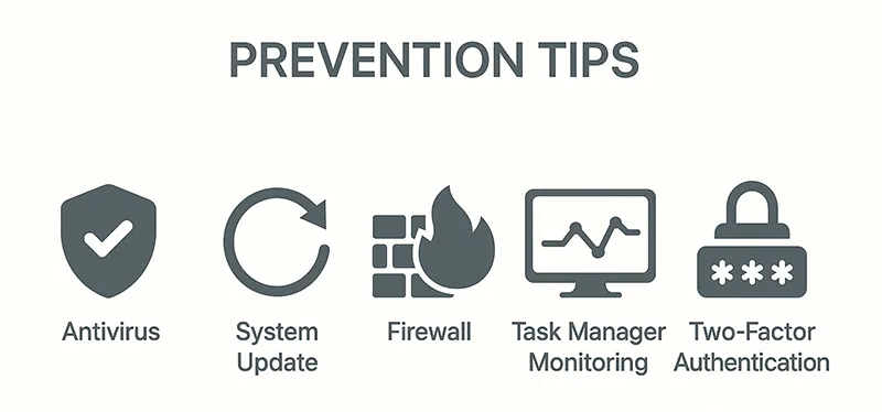 Cybersecurity prevention infographic with antivirus, firewall, and updates