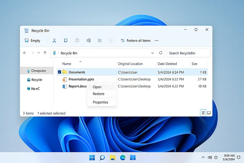 Windows Recycle Bin showing deleted files with Restore option