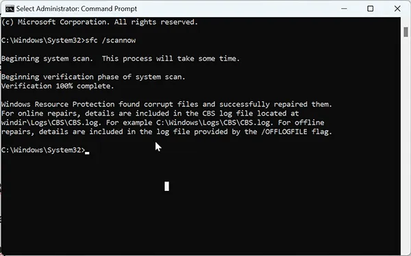 Running sfc /scannow command in Windows 11 Command Prompt