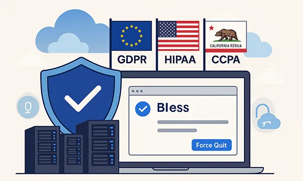 Concept of sovereign cloud with compliance shields and regulation icons