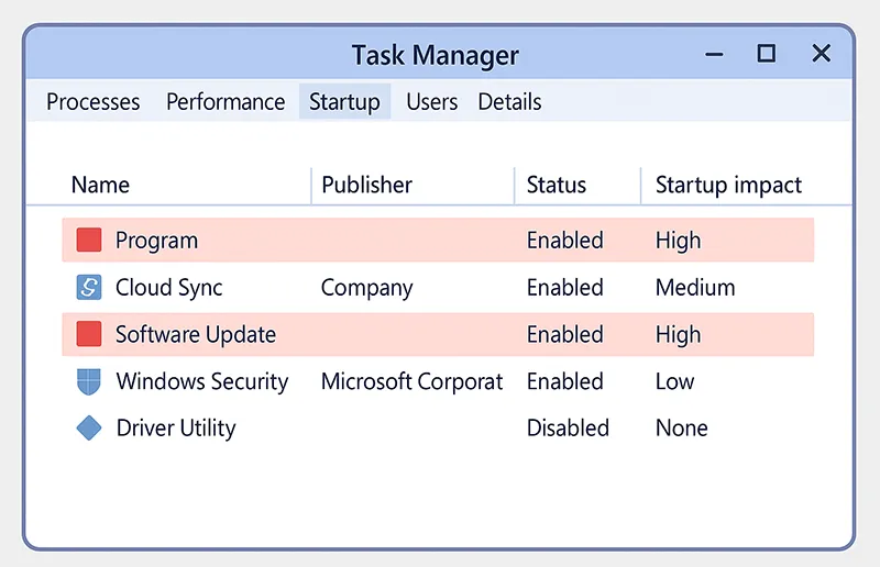 Checking startup programs in Task Manager to disable malware.