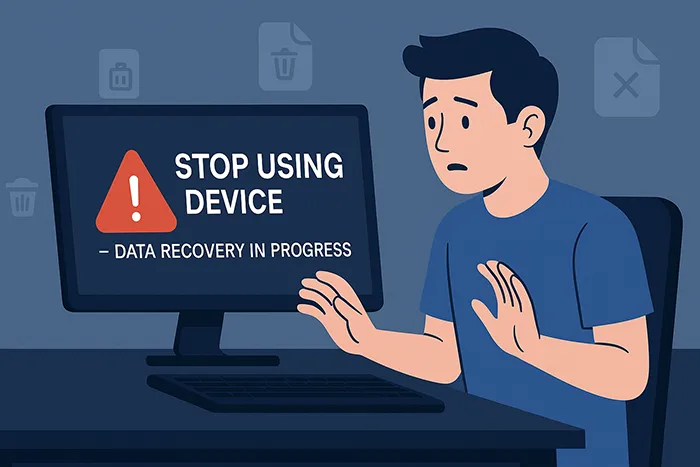 Computer with warning sign showing stop using the device for data recovery