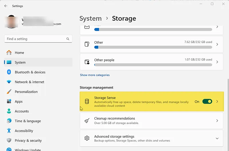 Storage Sense Settings on Windows 10