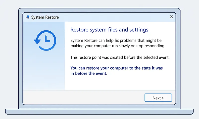 System Restore used to recover clean state of computer.