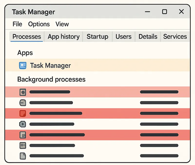 Task Manager showing suspicious processes caused by a RAT