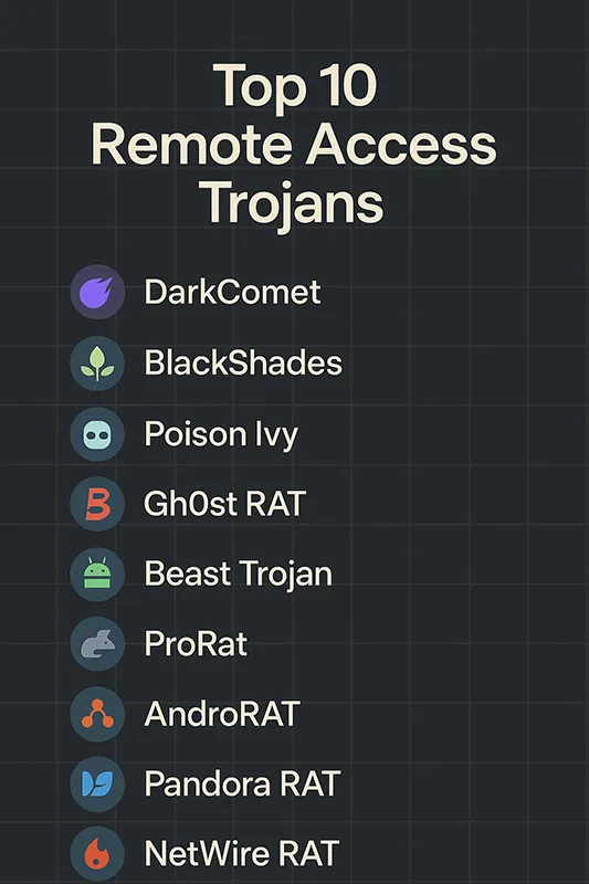 Infographic listing top 10 Remote Access Trojans with their features