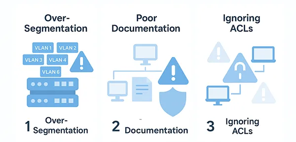 Infographic showing common VLAN mistakes like over-segmentation, poor documentation, and ignoring ACLs