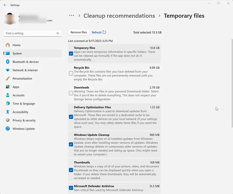 Windows 11 Cleanup Recommendations in Settings.