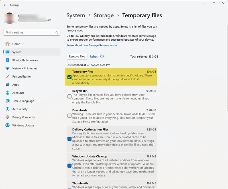 Windows 11 Temporary Files cleanup screen.