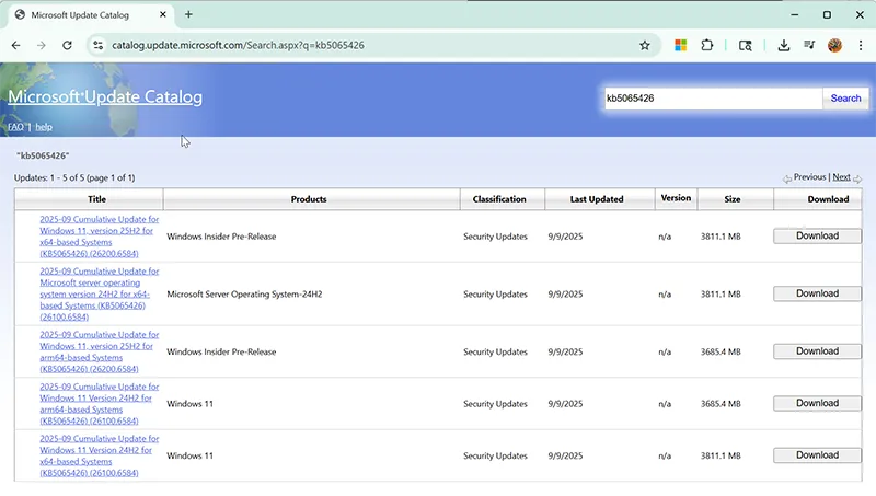 Microsoft Update Catalog KB5065426 page