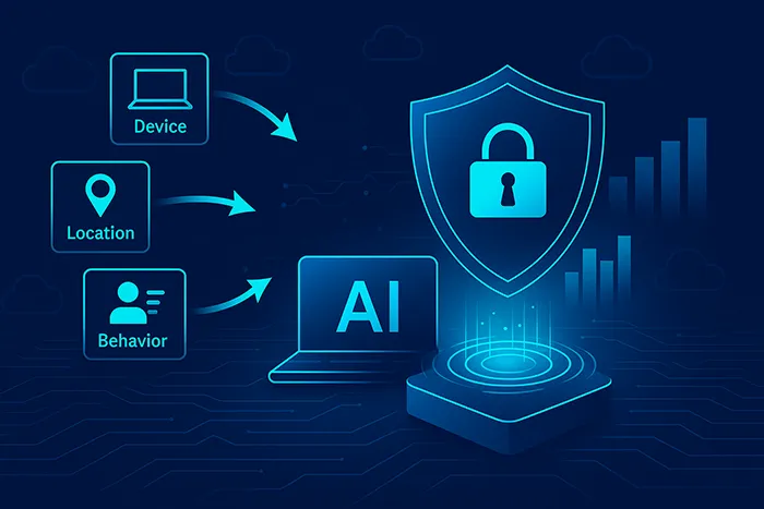 Illustration of adaptive authentication system using AI to adjust login requirements based on risk.
